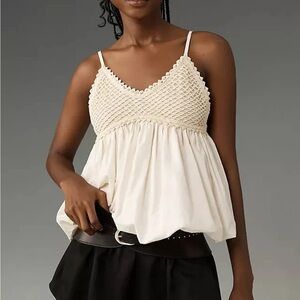 ANTHROPOLOGIE Crochet Bubble Tank Cream Bow Pleated Cami Top Boho Preppy L NEW